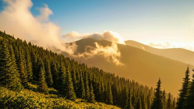  a peaceful mountain forest under soft haze, clouds barely moving, static 