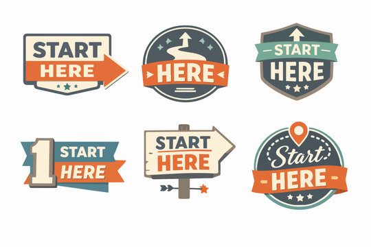 Start here badges providing direction and instruction, marking a beginning point, new journey, or important location