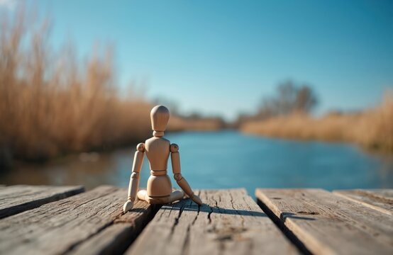 Wooden mannequin sits on weathered boardwalk overlooking calm river. Dry reeds line distant banks under clear blue sky. Figure appears contemplative, enjoying peaceful natural scenery.