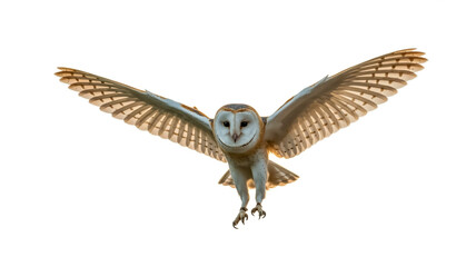 Fototapeta premium A high-quality product photograph of a flying owl in mid-air flight