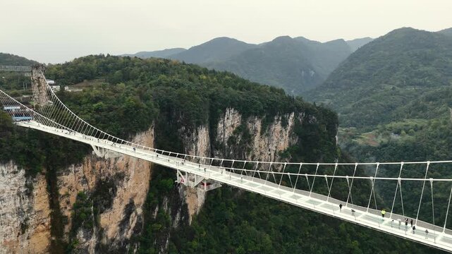 Adventurers carefully cross glass pathway spanning mountain valley with scenic and uncertain surroundings. Crossing glass suspension bridge in Zhangjiajie, China