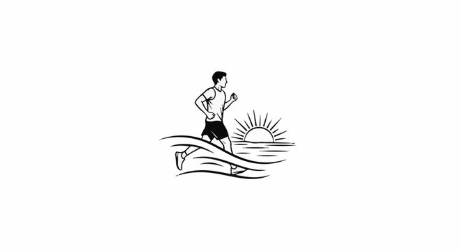 Runner in motion at sunrise over water with stylized waves