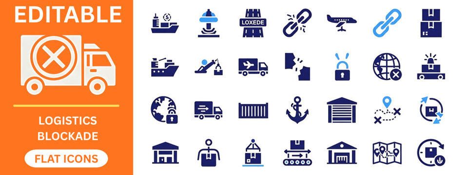 Logistics blockade and supply chain disruption flat icons collection. Cargo ship, broken chain, truck, warehouse, global trade, anchor, container