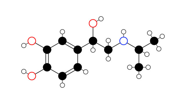 isoprenaline molecule, structural chemical formula, ball-and-stick model, isolated image bronchodilator agent