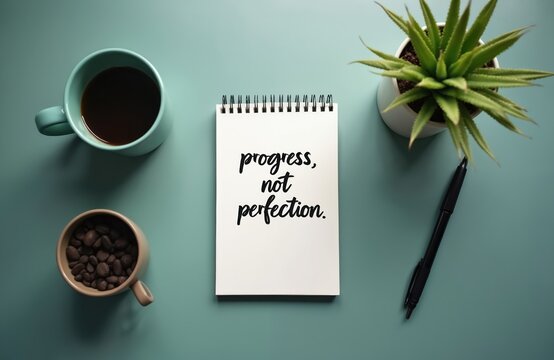 Notebook with motivational quote progress not perfection sits on desk near coffee mug and green plant. Pen rests beside notepad with inspirational message and green succulent.