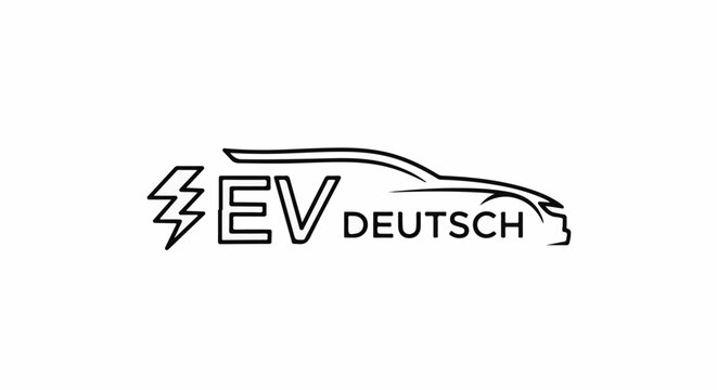 Sleek electric car outline with lightning bolt, EV, and DEUTSCH text