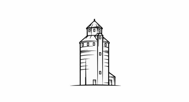 A simple line drawing of a multi-tiered tower with a pointed roof