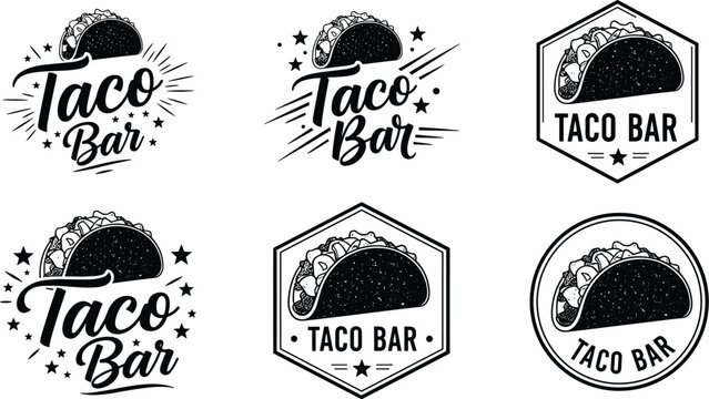 A collection of vintage style taco bar logos and illustrations featuring detailed taco depictions and script lettering high quality professional modern elegant stylish