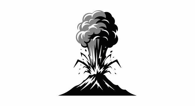 Stylized black and gray illustration of a volcano erupting with ash cloud