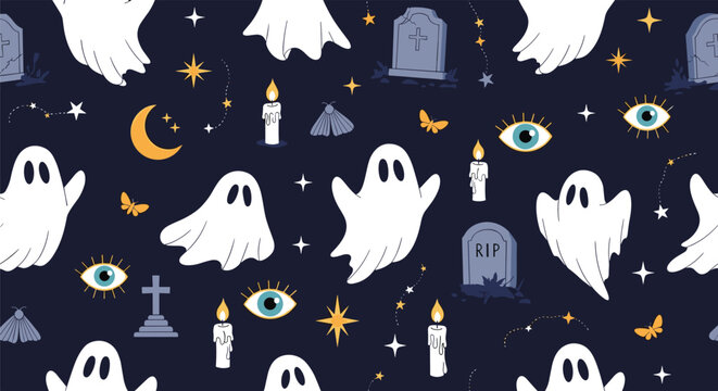 Spooky Halloween themed pattern features friendly ghosts gravestones burning candles and glowing stars on a dark night sky background.