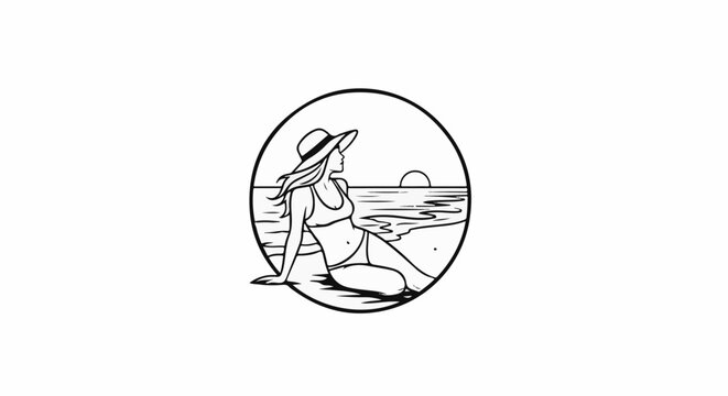Woman in bikini and hat sits by the ocean at sunset, viewed from within a circle
