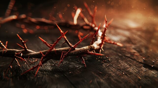 Macro close-up de coroa de espinhos com luz dram&aacute;tica e fundo bokeh, espa&ccedil;o para texto da Semana Santa.