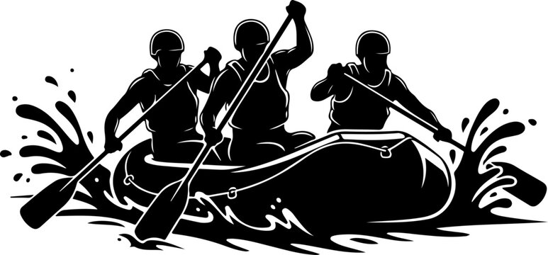 Three people paddling a raft on water Vector Art