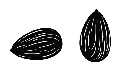 Two almonds depicted in a striking black and white silhouette © MALA