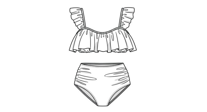 Fashionable line drawing of a high waisted bikini set with ruffled edges on the top provides a feminine and trendy swimwear design.