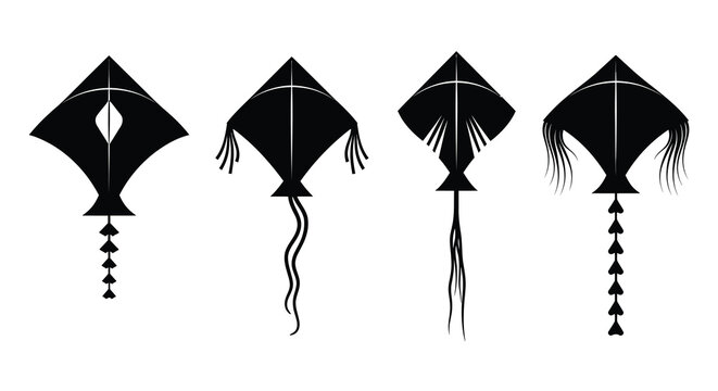 Four black kites displayed in a row minimalist artistic silhouette