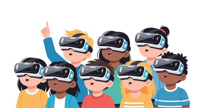 A diverse group of eight children wearing virtual reality headsets stand together with surprised expressions, one pointing upwards.