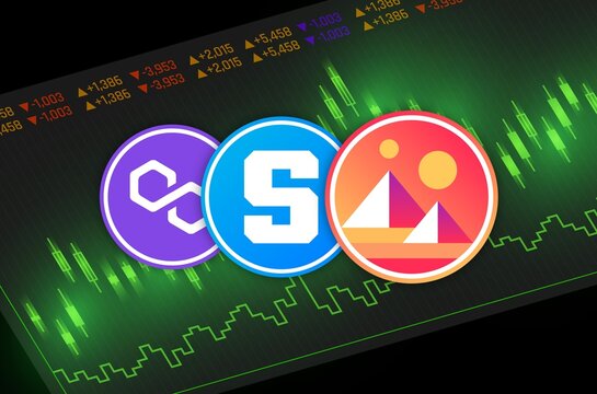 sandbox-sand, polygon-matic and decentraland-mana virtual currency logo. 3d ill&uuml;strasyon.