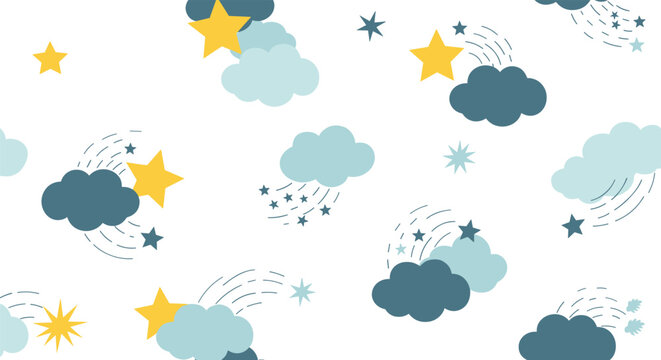 Charming seamless pattern features soft blue clouds with yellow stars and shooting stars on a white background for a nursery theme.