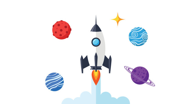 A stylized white and black rocket launches vertically amidst five colorful planets and two yellow stars on a pristine white background.