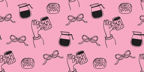 Cozy Hand Holding Coffee Mug Seamless Pattern with Cinnamon Rolls and Pink Bows