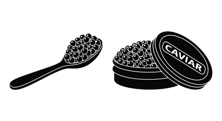 Black caviar displayed on a spoon and in a tin a striking silhouette © MALA