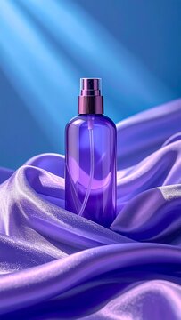Purple spray bottle on shimmering fabric under light