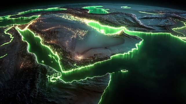 Digital Rendering of Middle East Region Featuring Green Outline of Countries on Dark Background