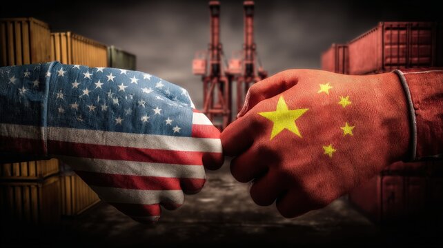 Rivalry Depiction: Confrontation and economic competition between global superpowers in international relations and import export challenges