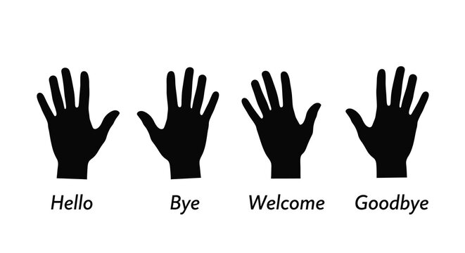 Four hand gestures representing greetings and farewells a black silhouette