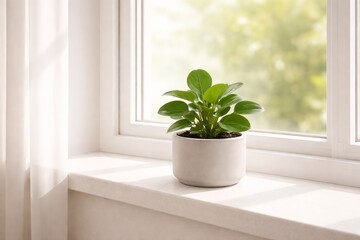 Fototapeta premium Plant on windowsill with bright daylight and clean minimal composition