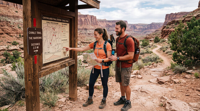 Hikers consult a trail map at a wooden signpost in a desert canyon