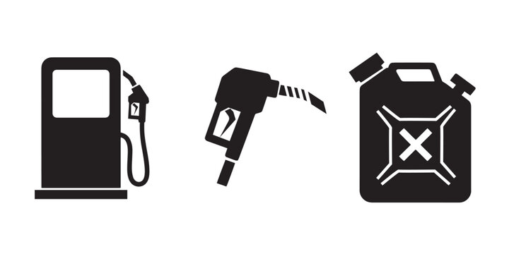 fuel pump nozzle and jerry can icon set. Petroleum vector symbols