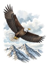 Obraz premium Majestic raptor soars with wide wingspan above snowcapped mountain peaks under a cloudy sky