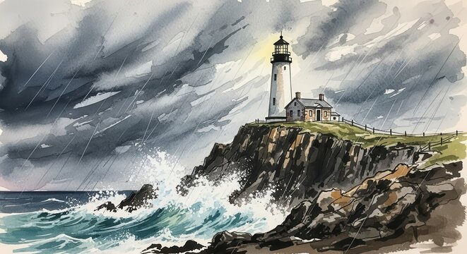 Watercolor painting depicts a tall beacon standing steadfastly atop rugged coastal cliffs during a severe rainstorm