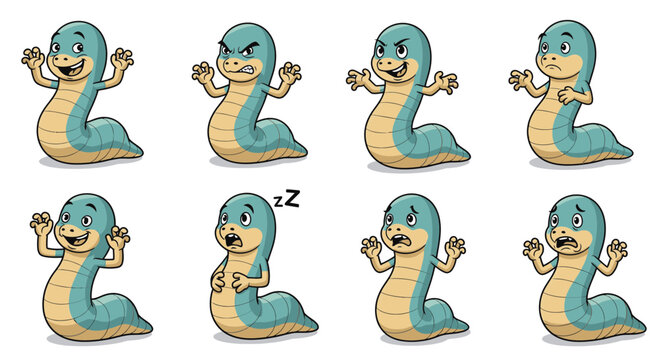 Cartoon snake character showing various emotions and poses  