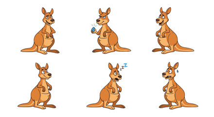 Naklejka premium Cartoon kangaroo in various poses showing emotions and actions 