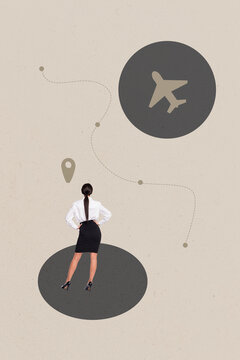 Poster 3d zine image vertical collage of happy girl guy stand summer vacation route aircraft leaving passenger summer season