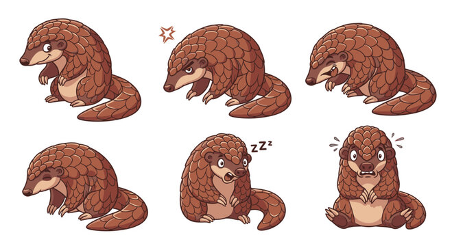 Cute cartoon pangolin expressing various emotions and actions  