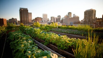 Fototapeta premium Community rooftop garden with people and city skyline sunset