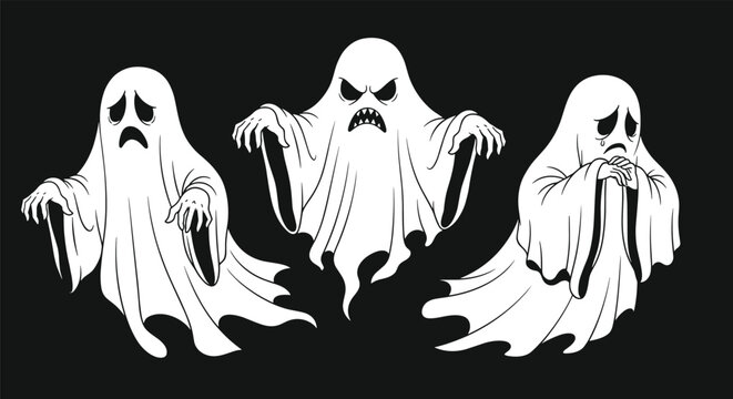 Set of three cartoon ghosts with different expressions including scary, sad, and crying against a black background.