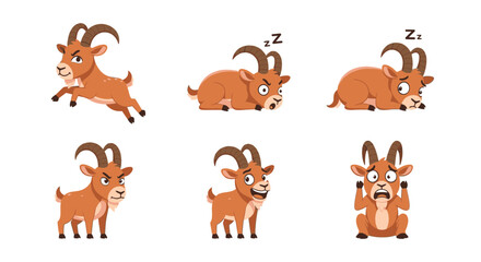 Fototapeta premium Cartoon ibex displaying various emotions and actions on white background 