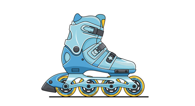 Modern blue inline skate or rollerblade with yellow wheels isolated on white background for sports and active lifestyle themes.