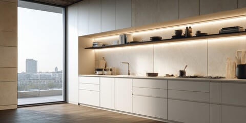 Naklejka premium Modern kitchen interior featuring clean lines, minimalist design, bright lighting, and city views