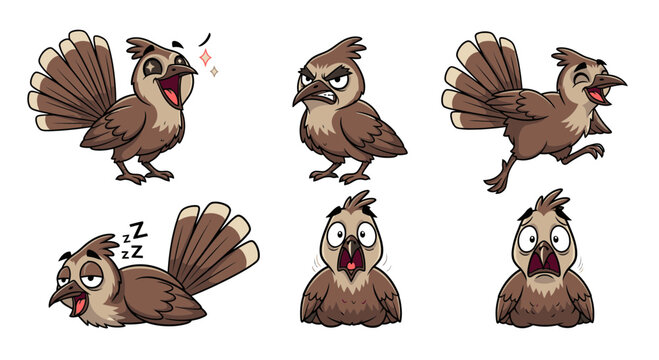 Cartoon lyrebird showing different emotions and actions  