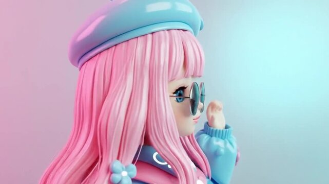 Cute Pastel Pink Hair Doll with Beret and Round Sunglasses in Kawaii Pastelcore Anime Style