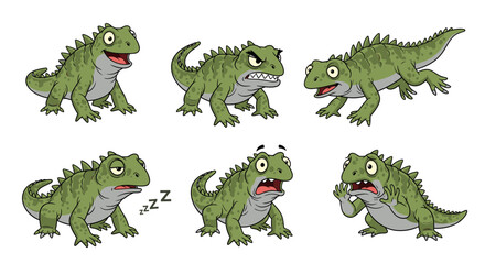 Fototapeta premium Cartoon tuatara displaying various emotions and actions in six poses 