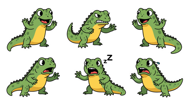 Cartoon dinosaur expressing various emotions and actions in six poses  