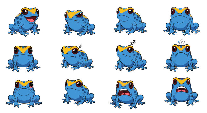 Poison dart frog in various emotions and expressions in cartoon style  