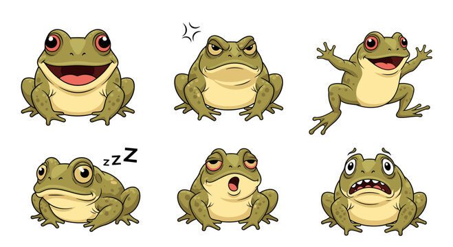 Cartoon frogs showing various emotions and expressions in six poses  